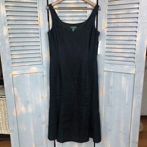 Lauren Ralph Lauren Tangiers Linen Fluted Hem Midi Dress Black Sz 10 NWT